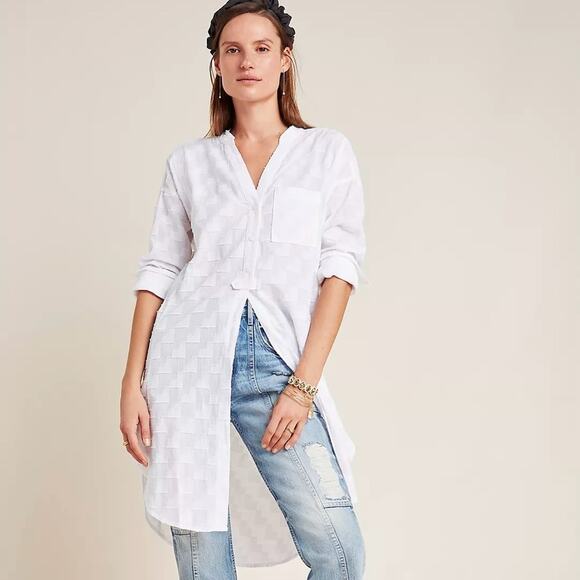 Anthropologie Maeve Roberta Textured Henley Tunic Top White Button-Up Shirt long - Picture 1 of 13